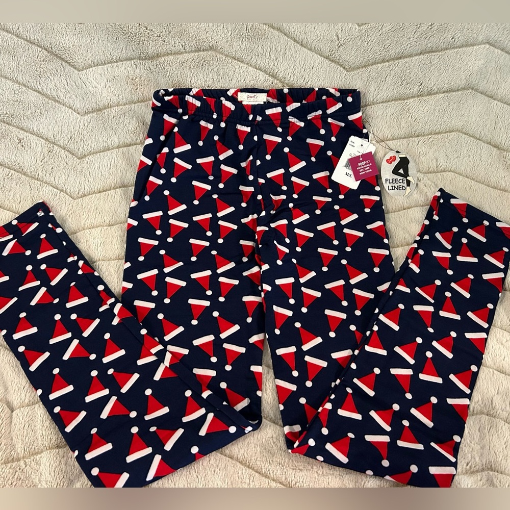 NWT Christmas/Holiday Fleece Lined Leggings. Size M/L Navy Blue w/ Santa Hats.